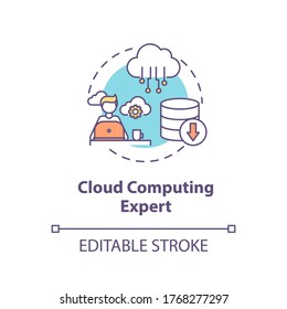 Cloud computing expert concept icon. Database management. IT professional. Information processing specialist idea thin line illustration. Vector isolated outline RGB color drawing. Editable stroke