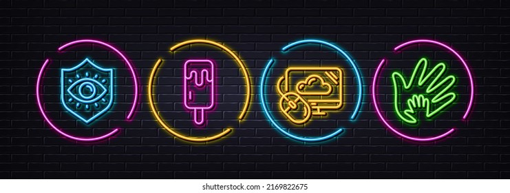 Cloud computing, Eye protection and Ice cream minimal line icons. Neon laser 3d lights. Social responsibility icons. For web, application, printing. Computer storage, Optometry, Sundae stick. Vector
