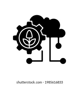 Cloud computing in farming black glyph icon. Agricultural analytics. Information technology. Collected data. Silhouette symbol on white space. Vector isolated illustration