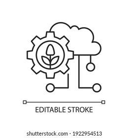 Cloud computing in farming linear icon. Agricultural analytics. Information technology. Thin line customizable illustration. Contour symbol. Vector isolated outline drawing. Editable stroke