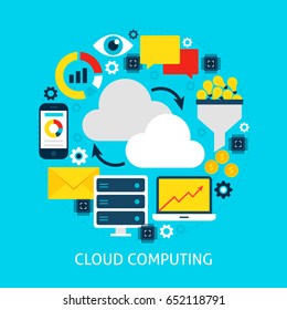 Cloud Computing Flat Concept. Poster Design Vector Illustration. Set of Big Data Objects.