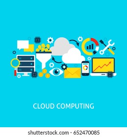 Cloud Computing Flat Concept. Poster Design Vector Illustration. Set of Big Data Colorful Objects.
