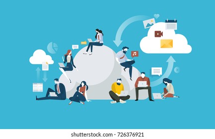 Cloud Computing. Flat Design People And Technology Concept. Vector Illustration For Web Banner, Business Presentation, Advertising Material.