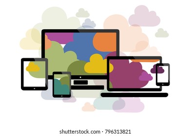 Cloud computing flat illustration with personal computer, laptop, touch screen phone, tablet and phablet