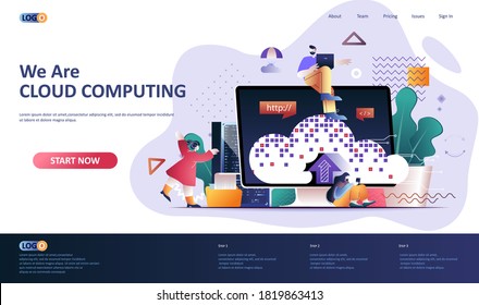 Cloud computing flat landing page template. Virtualization technology, cloud database system web banner. Hosting platform administering, data center 3d composition. Web page vector illustration.