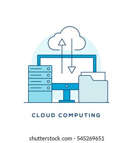Cloud computing flat, thin line concept pixel perfect vector illustration.