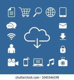 Cloud computing flat vector icons set. Grocery cart, magnifier, globe, book, email, lock, camera, photography, music, laptop, smartphone, camcorder, user, wifi, chat flat vector icons
