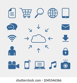 Cloud computing flat vector icons set. Grocery cart, magnifier, globe, book, email, lock, camera, photography, music, laptop, smartphone, camcorder, user, wifi, chat flat vector icons