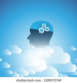 Cloud Computing, Global AI Assistance, Automated Support, Digital Aid, Deep Learning and Future Technology Concept Design with Clouds and Human Head - Vector Illustration