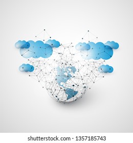 Cloud Computing and Global Networking Design Concept with Earth Globe and Geometric Mesh - Digital Network Connections, Technology Background