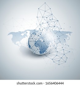 Cloud Computing And Global Networks Concept Design With Earth Globe, World Map And Geometric Network Mesh