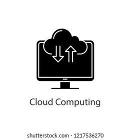 Cloud computing glyph icon. Internet data storage. File sharing service. Cloud web storage. Data transfer. Upload and download. Computer display. Silhouette vector isolated illustration