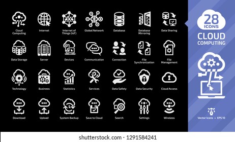 Cloud computing glyph icon set on a black background with network data server and internet wireless technology, database platform digital system sign.