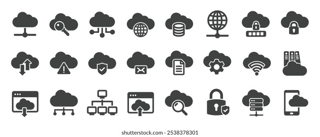 Coleção de ícones sólidos de glifo de computação em nuvem. Contendo servidor, hospedagem, rede, banco de dados, ciber, conexão. Ilustração de vetor de série de símbolos e ícones mínimos