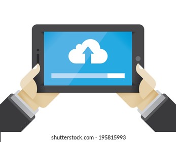 Cloud computing (Google drive, Dropboх) server file uploading tablet. Businessman hands. Concepts: hosting, sharing, online music movies, data documents, photo storage, virtual Internet web databases