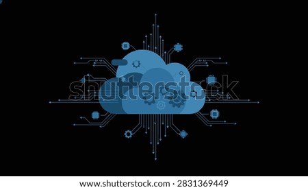 Cloud computing graphic displays technical network symbols and mechanical gears integrated within digital icons on a dark background.
