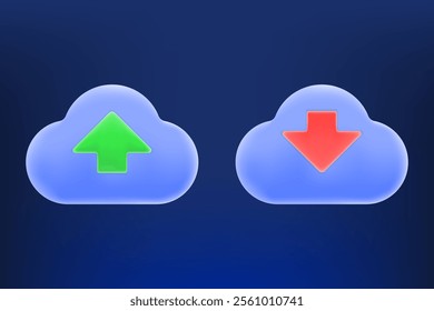 Cloud computing graphic with upload green and download red icons.  tech blogs, cloud storage, data transfer, and IT. vector illustration