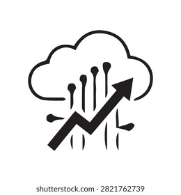 Cloud computing growth and big data analytics vector icon with cloud storage and upward trend chart, isolated on white background