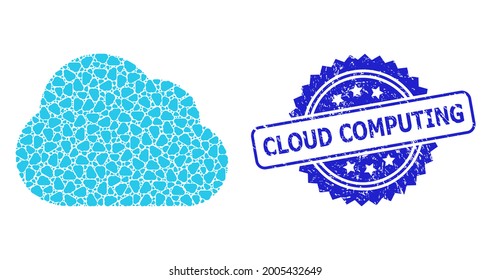 Cloud Computing grunge stamp seal and vector fractal collage cloud. Blue stamp seal has Cloud Computing title inside rosette. Vector collage is made from recursive rotated cloud items.