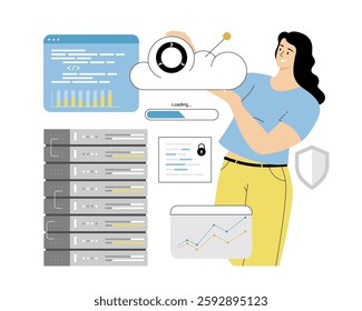 Cloud computing, Hosting platform, Big data processing. Woman developer administrate cloud storage. Vector illustration on isolated white background.	