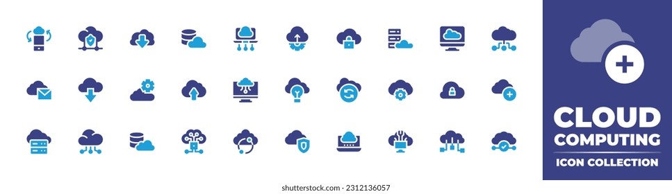 Cloud computing icon collection. Duotone color. Vector illustration. Containing cloud computing, download, data, edge computing, api, security system, server, upload, idea.