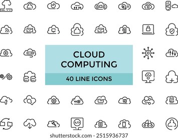 Cloud Computing icon collections, editable stroke outline icons set. Cloud, computing, server, database, technology, networking, data and internet. Vector illustration.
