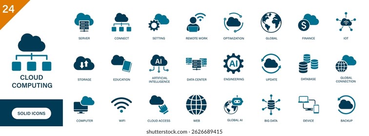 Cloud computing icon. Containing cloud storage, data center, information technology, computer, global connectivity, cloud applications, server. Solid vector icons set.
