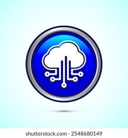 Ilustración de diseño de icono de computación en nube. Almacenamiento de datos e ícono de tecnología, diseño de Botón redondo de color azul