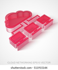 Cloud computing icon: extruded Red Transparent Plastic Cloud Network with transparent shadow, EPS 10 vector illustration.