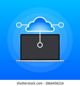 Cloud computing icon and laptop on blue background. Vector illustration.