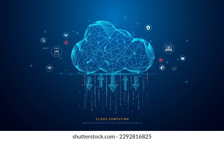 icono de computación en nube con bajo estilo poligonal para la informática en nube de tecnología para transmisión de datos, bases de datos, almacenamiento de datos y backup. Concepto de servicios de red e Internet. 