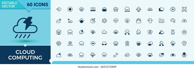 Cloud Computing icon set. Contain linear sign technology, communication, computing, hosting, network and more. Minimal linear icons. Data related icon set. Outline and solid pictogram.