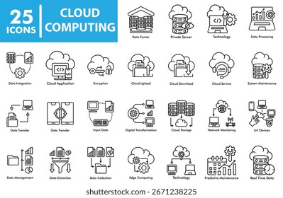 Cloud computing icon set featuring data center, private server, cloud storage, encryption, data transfer, IoT devices, digital transformation, and system maintenance symbols.