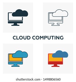Cloud Computing icon set. Four elements in diferent styles from industry 4.0 icons collection. Creative cloud computing icons filled, outline, colored and flat symbols.