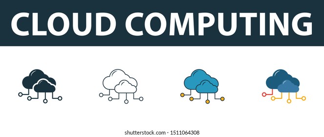 Cloud Computing icon set. Four elements in diferent styles from web development icons collection. Creative cloud computing icons filled, outline, colored and flat symbols.
