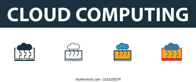 Cloud Computing icon set. Four elements in diferent styles from web hosting icons collection. Creative cloud computing icons filled, outline, colored and flat symbols.