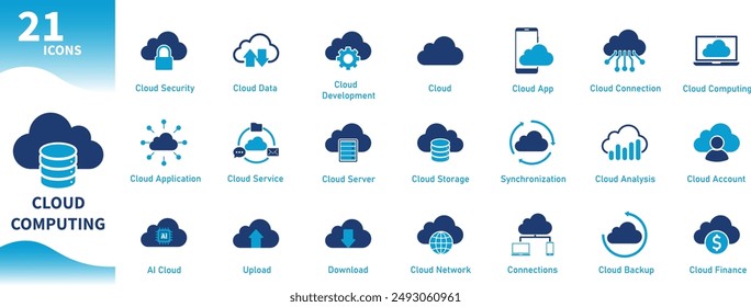 Cloud computing icon. Set of icons for storage, data, technology, computer, connection, information, internet, digital. Solid vector icon