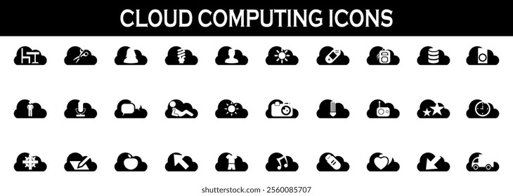 Cloud computing icon. Set of icons for data storage, download, upload, database, server. black icons.