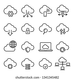 Cloud computing icon set, information and database. Networking business design. Vector line art illustration isolated on white background