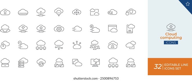 Cloud computing icon set" típicamente incluye una colección de íconos basados en Vectores que representan varios aspectos de la tecnología de la nube.