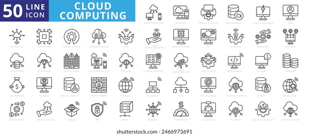 Cloud computing icon set with web, hosting, computer, operating system, database, storage, power, server, and data center.