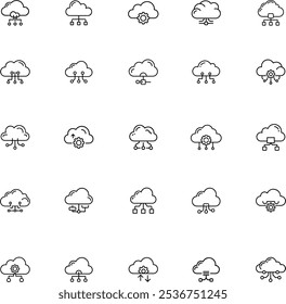 Ícone de computação em nuvem definido com Web, hospedagem, computador, sistema operacional, banco de dados, armazenamento, energia, servidor e data center.
