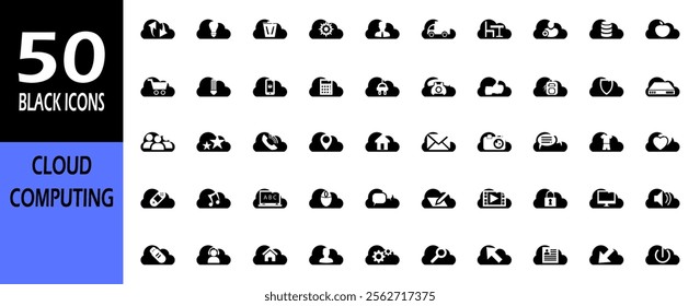 Cloud computing icon set with web, hosting, computer, operating system, database, storage, power, server, and data center. black icons sign.