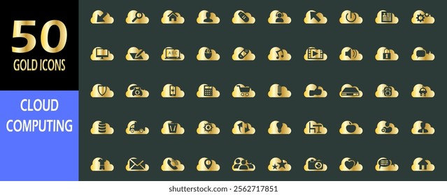 Cloud computing icon set with web, hosting, computer, operating system, database, storage, power, server, and data center. gold icons sign. modern icon set.