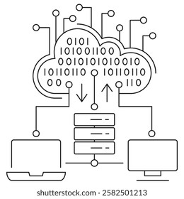 Cloud Computing icon. Simple outline monochrome black vector pictogram with thin lines on a transparent background. Line thickness is editable