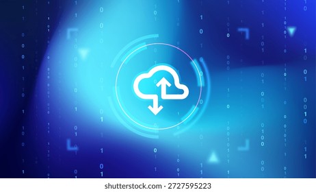 Cloud computing icon with upload and download arrows on futuristic digital background. Concept of data storage, cloud technology and online services.