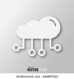 Cloud computing icon in white style with shadow isolated on grey background. For your design, logo. Vector illustration.