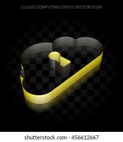 Cloud computing icon: Yellow 3d Cloud With Keyhole made of paper tape on black background, transparent shadow, EPS 10 vector illustration.