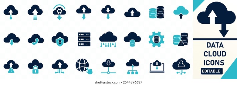 Cloud computing icons set Containing data storage, download, upload, database, server Solid flat vector icon collection.