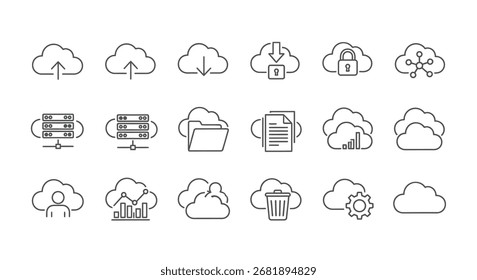 Ícones de computação em nuvem definir armazenamento de dados fazer upload segurança serviços de rede tecnologia vetor de arte de linha abstrata